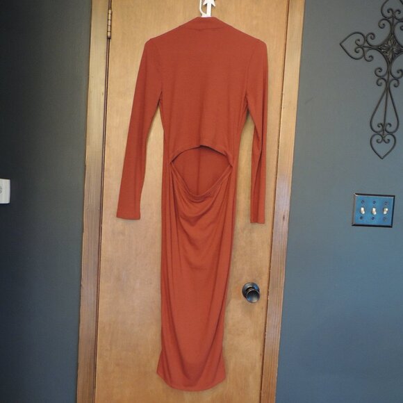A'GACI Rust Ribbed Long Sleeve Midi Dress – Cutout Back – Size Large - Picture 5 of 8